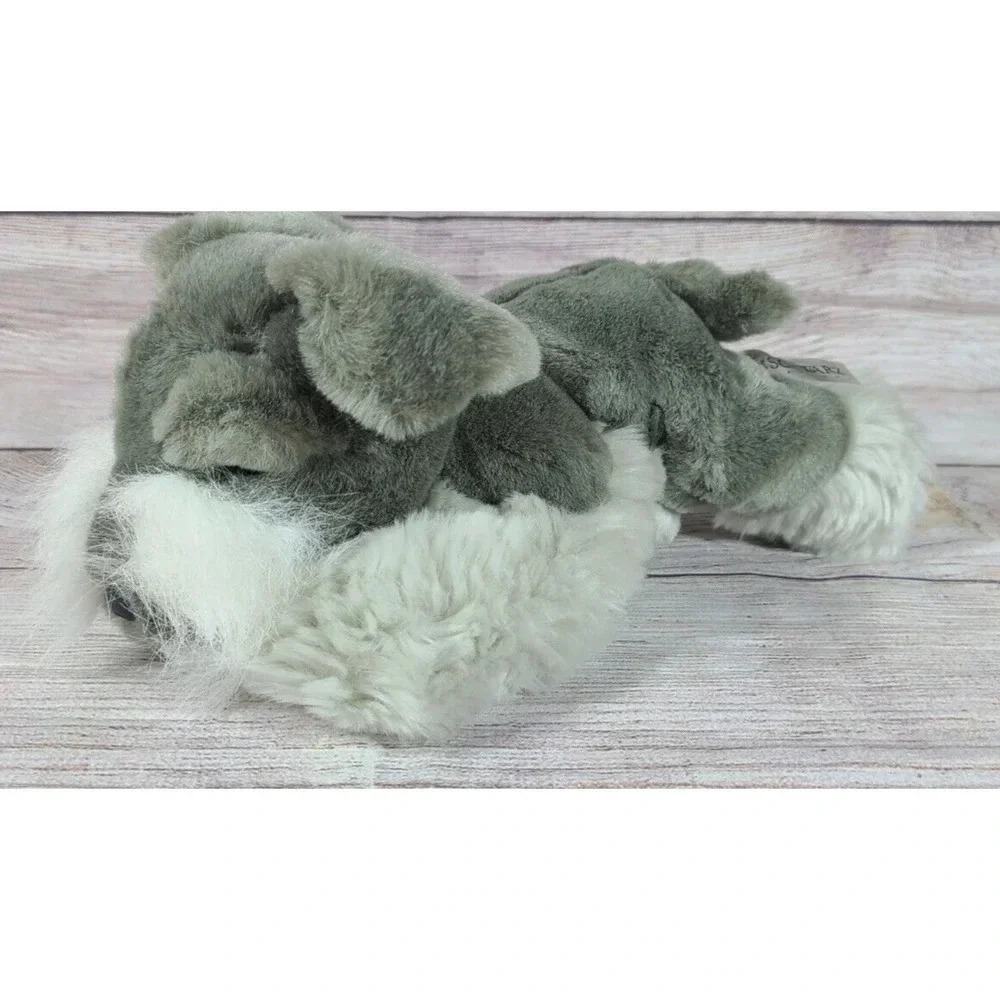 FAO Schwarz Plush Schnauzer Stuffed Animal Dog Beanbag Gray Laying 11"